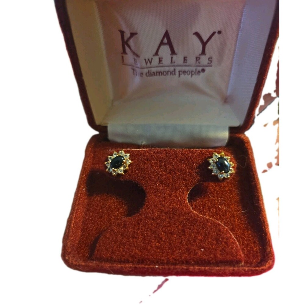Vintage Kay Jewelers 10K Yellow Gold Oval Blue Stone Halo Stud Earrings